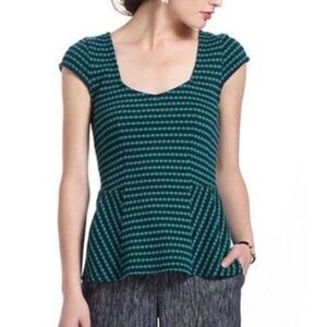 Anthropologie‎ Green Blue Striped Peplum Top Sweetheart Neck Postmark Size Small